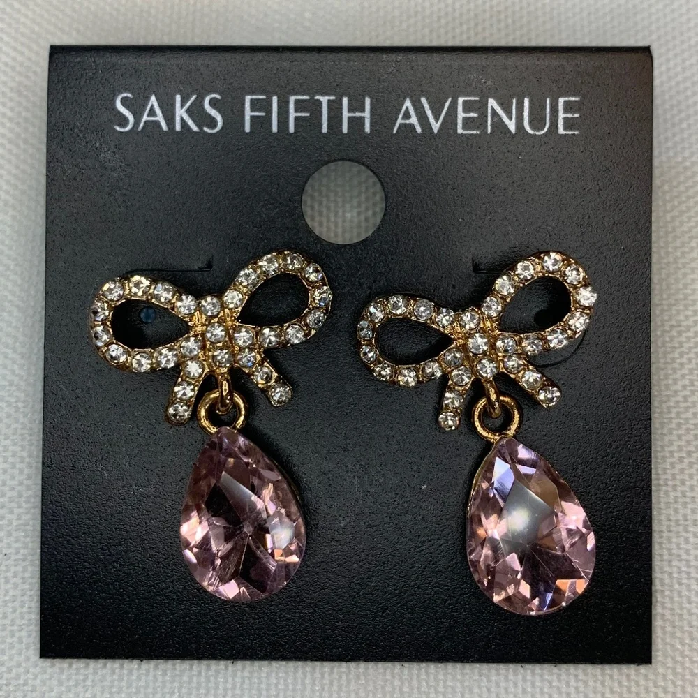 NWT Saks Fifth Avenue Brilliant AB Rhinestone Encrusted Bow Pierced Earrings!